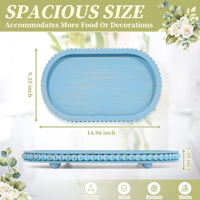 HPC Decor 15in Oval Light Blue Wood Beaded Tray for Home, Decorative Serving Tray, Rustic Farmhouse Wooden Trays for Vintage Centerpiece, Kitchen Counter, Living Room, Coffee Table