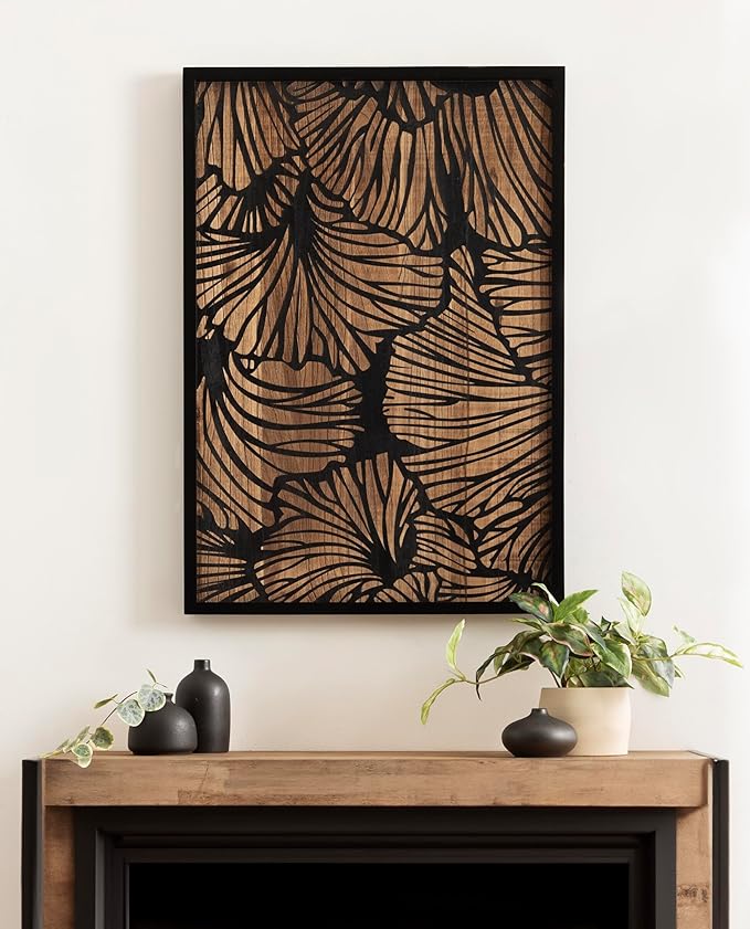 Kate and Laurel Sago Modern Decorative Wood Art Plaque; 23 x 33; Black and Rustic Brown; Painted Wood Floral Wall Art with Dimensional Design for Living Room Decor