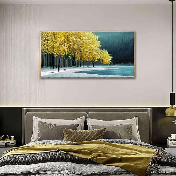 KLAKLA Large Wall Art - Yellow Bedroom Birch Tree Valley Snowy Forest Wild Lakes Landscape Canvas Pictures Wall Decoration for Living Room Office Home Decor - 40x20 Inches