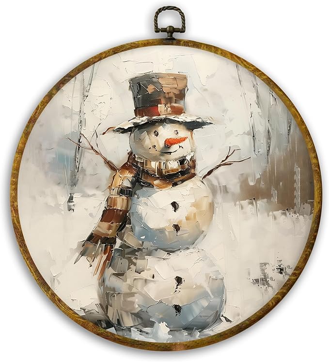 CUANFDDSF Vintage Winter Christmas Snowman Round Wall Art Decor, Cozy Winter Rustic Snowman Wall Hanging Frame Decor, Retro Christmas Canvas Prints Decorations for Home Bedroom Living Room, 10x10 Inch