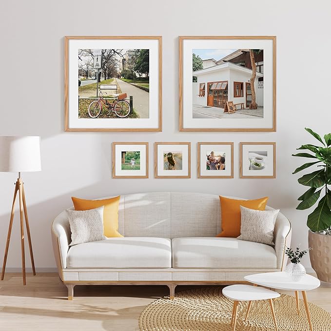 Fun Memories 20x20 Square Picture Frames, Rustic Solid Oak Wood Frame 20 x 20 for Wall, Wooden 20 by 20 Photo Frames with Tempered Real Glass, 20x20 Frame Matted to 16x16, Natural Color, Set of 2