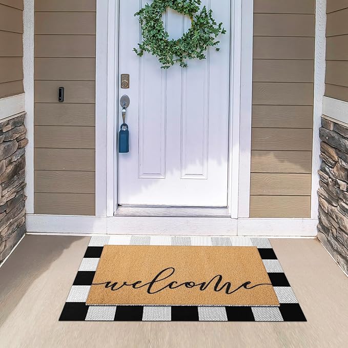 2 Pcs Door Mat Welcome Non Slip Coir Mats Black White Buffalo Plaid Checked Floor Layering Doormats Seasonal for Front Porch Entryway Decor(Welcome)