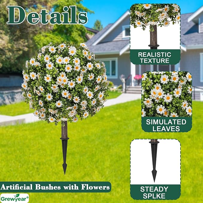 Set of 2 Artificial Topiary Ball Trees with White Mum, Faux Boxwoods for Outdoor Planters with Ground Spike, UV Resistant Artificial Outdoor Plants for Porch, Fake Bushes Round Shrub