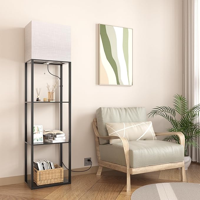 Dott Arts Floor Lamp with Shelves, Wide Floor Lamps for Living Room Display Shelf Lamps with 3 Color LED Bulb,Storage Wood Modern Floor Lamp for Bedroom Standing Lamp for Living Room Office（Black）