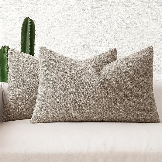 MIULEE 12x20 Inch Decorative Lumbar Throw Pillows for Bed Set of 2 Textured Boucle Neutral Throw Pillow Covers Light Taupe Accent Solid Pillowcase Cozy Soft Sofa Livingroom Home Decor