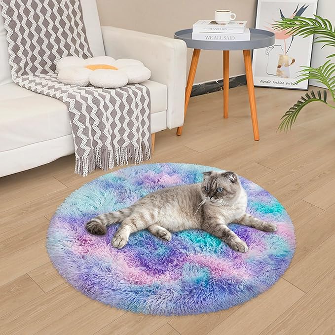 Tie Dye Rainbow Round Rugs Small 3x3 ft Fluffy Circle Rug Furry Carpet Shaggy Circular Fuzzy Plush Area Rug for Girls Bedroom Kids Room Living Room Nursery Cute Room Decor Pet mat Doormat