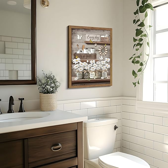 Wood Framed Farmhouse Bathroom Wall Art, Vintage Rustic Daisy Canvas Wall Decor Paintings, Flower Butterfly Inspirational Posters Prints Pictures Artwork for Bathroom Bedroom Living Room 16x24 Inch