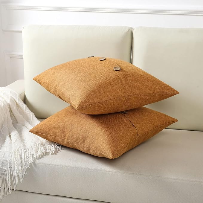 HAUSSY Burnt Orange Linen Decorative Throw Pillow Covers 22x22 Inch Set of 2,Square Cushion Case with 3 Vintage Buttons,Modern Farmhouse Home Decor for Couch,Bed