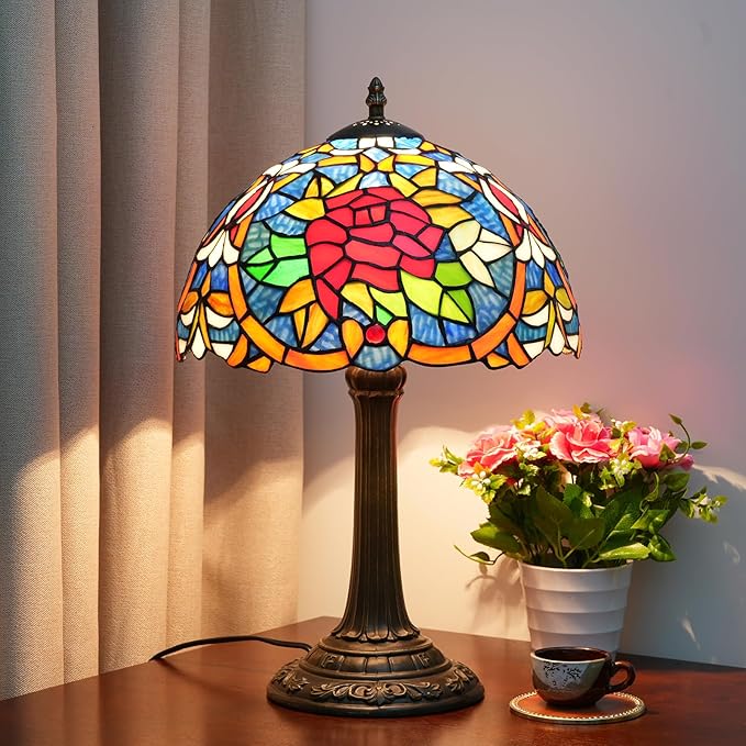 Tiffany Lamp 12 Inch Tiffany Style Red Rose Retro Bedside Lamp Stained Glass Table Lamp Suitable For Bedrooms Hotels Restaurants Dormitories Vintage Antiques Home Decoration Art And Craft Gifts