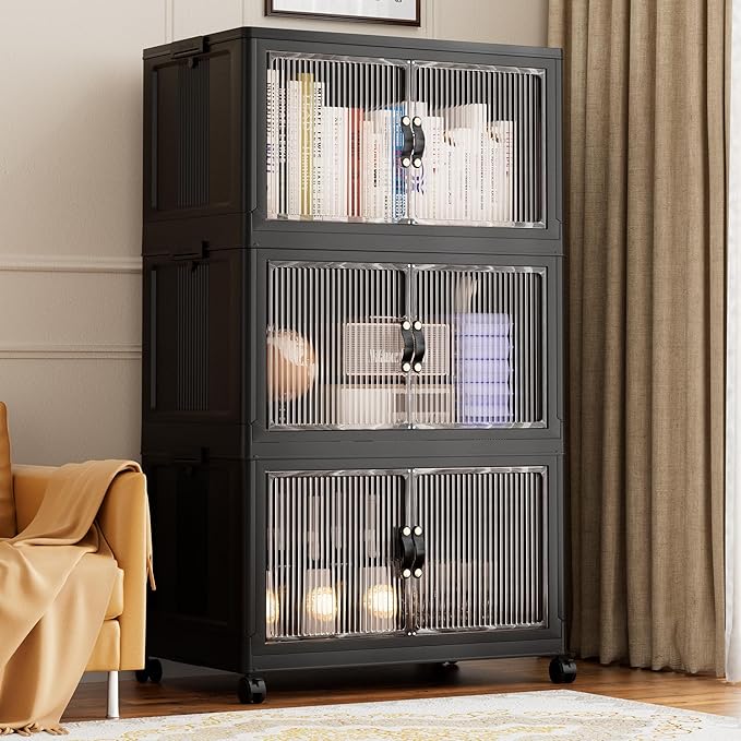 Jalove 88QT Plastic Storage Bins with lids, Stackable Collapsible Storage Containers with Wheels, Closet Organizer and Storage Drawers, Clothes Storage Cabinet for Home Office Garage, 3 Pack Black