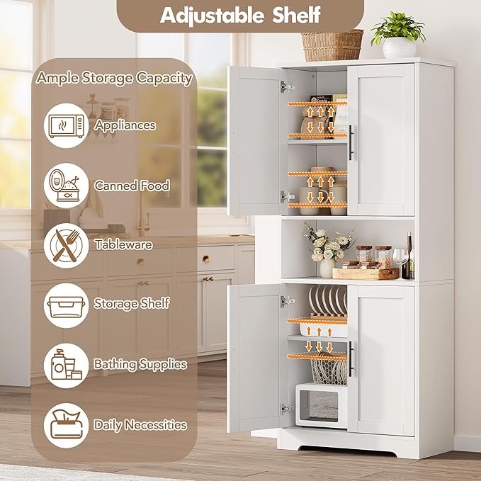 GarveeHome 70 Inch Tall Kitchen Pantry Cabinet, Freestanding Storage Cabinet with 4 Doors and Adjustable Shelves, Utility Hutch Cupboard for Dining Room, Bathroom, Living Room (Style B, White)