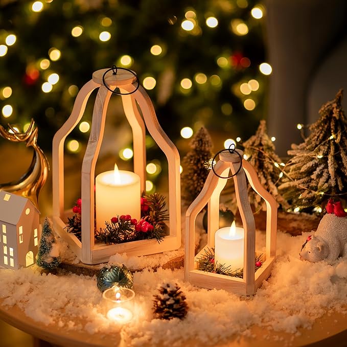 Romadedi Farmhouse Decorative Lantern Wooden - Set of 2 Rustic Wood Lanterns Candle Holder for Wedding Table Centerpieces Indoor Outdoor Fireplace Mantle Home Decor, Whitewashed