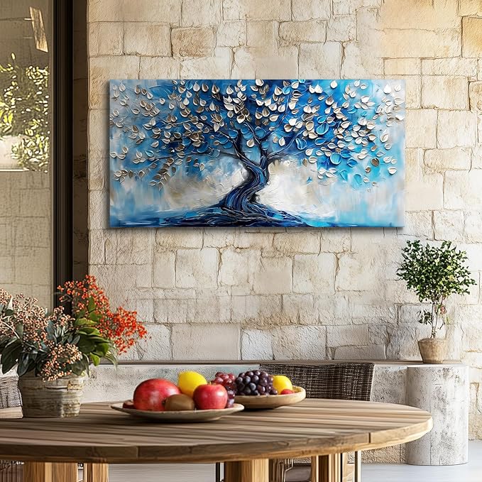 crmotu Tree of Life Large Wall Art for Living Room, Blue Tree Canvas Decor Paintings Abstract Art Prints, Neutral Navy Blue Pictures Wall Decor for Bedroom Bathroom Office Modern Home Decor 24"X48"