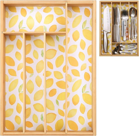 Kitchen Drawer Organizer - Silverware Organizer for Kitchen Organization & Storage, Utensil Holder & Bamboo Organizer for Kitchen Drawers, Kitchen Essentials, 5-Slot, Lemon Print