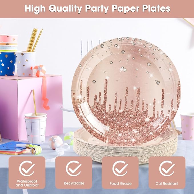 50PCS Rose Glitter Paper Plates - 7inch Pink Gold Diamond Birthday Dessert Plate for Cake Salad Pizza Disposable plates Supplies for Girls Women Mermaid Anniversary Birthday Wedding Theme Party