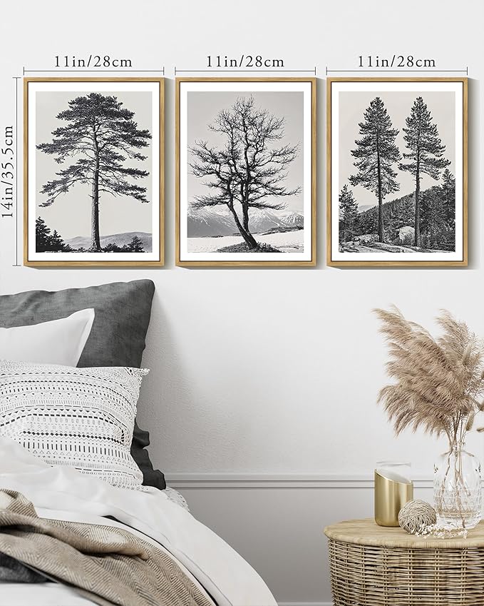 KUVIOKE Vintage Black Gray Forest Wall Art Framed Antique Retro Tree Prints Modern Rustic Artwork Bedroom Living Room Ready to Hang 11x14in (Natural Framed)