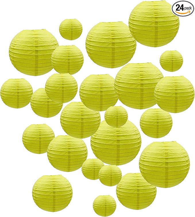 Handmade Decorative Chinese Japanese Hanging Paper Lanterns 24pcs Assorted Sizes 6", 8", 10", 12" Mixture Colors Decoration for Home, Weddings and Parties Lanterns (All Yellow)
