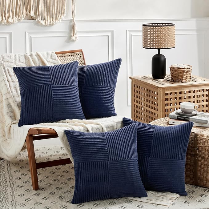 Fancy Homi 4 Packs Navy Blue Decorative Throw Pillow Covers 18x18 Inch for Living Room Couch Bed, Rustic Farmhouse Boho Home Decor, Soft Cross Corduroy Patchwork Textured Square Cushion Case 45x45 cm