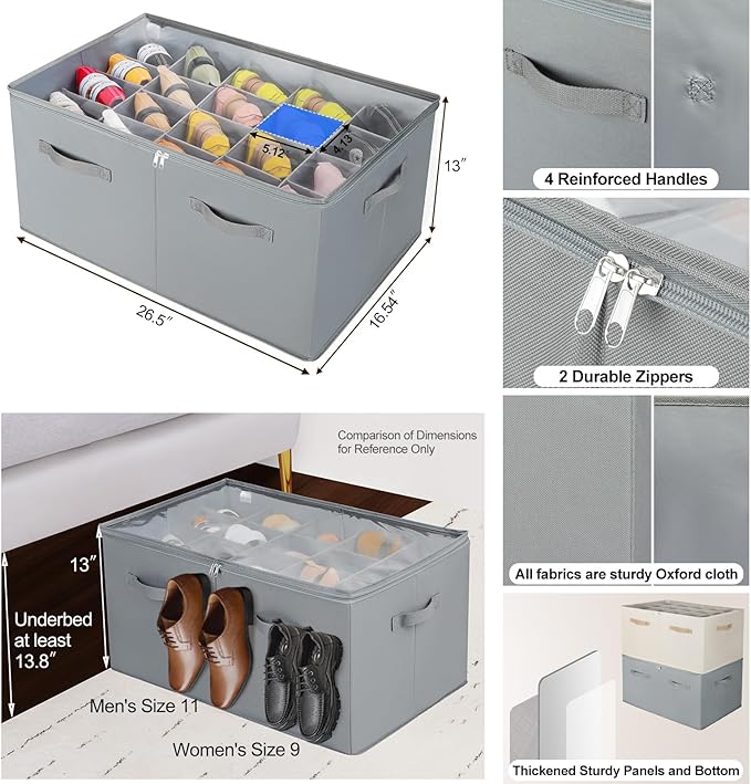 Shoe Organizer for Closet, Foldable Shoe Box with Adjustable Dividers and Clear Cover, Space Saving Shoe Storage Organizer Cabinet with Reinforced Handles, Fits 20 Pairs, Gray, TP10G