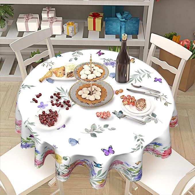Spring Flower Tablecloth Round 60 Inch Spring Floral Tablecloths Watercolor Butterfly Flower Table Cloth Round Farmhouse Wildflowers Tablecloths Washable Table Cover for Indoor Outdoor Table Decor