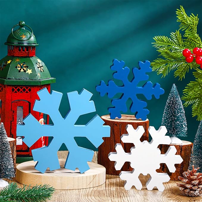 Bucherry 3 Pcs Winter Wooden Snowflake Decor Rustic Winter Snowflake Table Signs Wonderland Wood Blocks Farmhouse Christmas Tiered Tray Decorations for Xmas Table Shelf(Assorted Colors)