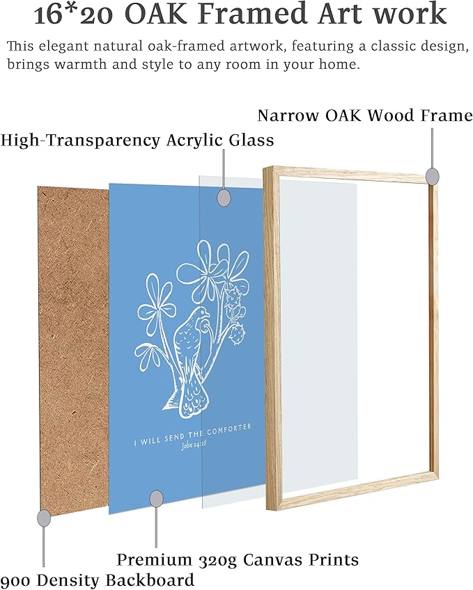 EcoHest Large 16x20in OAK Wood Framed Wall Art, John 14:16 I Will Send The Comforter Bible Verse Christian Canvas Wall Decor, Blue Jesus Prints for Bedroom Living Bathroom Religious Gift 1 Pack