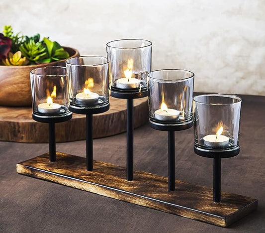Elegant Decorative Votive Candle Holder Centerpiece, 5 Glass Cups on Wood Base-Tray for Anniversary, Wedding, Dining Table Centerpiece, Decorations Living Room, Decor Coffee Table Centerpiece, Menorah