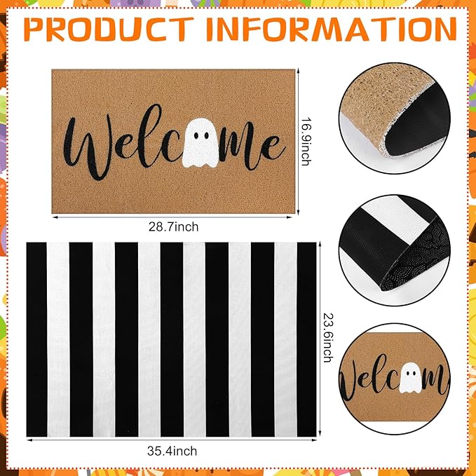 2 Pcs Halloween Door Mat Ghost Welcome Non Slip Coir Mats Cute Black White Stripe Floor Layering Doormats Seasonal for Front Porch Entryway Decor(White Ghost)