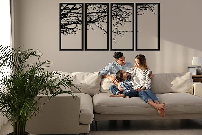 DEKADRON Metal Wall Art, Tree of Life 4 Panels, Tree Sign, Metal Wall Decor, Interior Decoration, Housewarming Gift, 47" W x 24" H / 120x60 cm