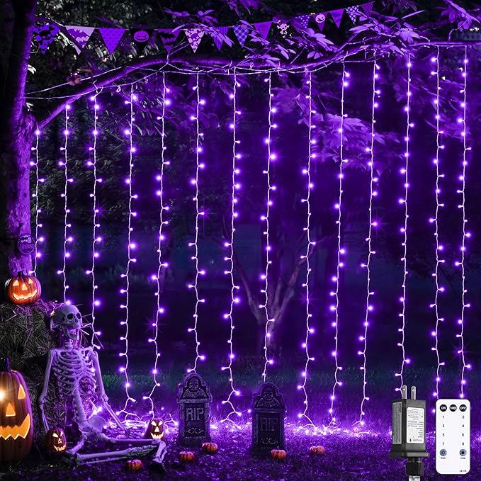 JMEXSUSS 300LED Purple Halloween Lights with Remote, Curtain Hanging Light Plug in, 8 Modes Purple String Lights for Bedroom Window Wall Party Backdrop Christmas Halloween Decorations