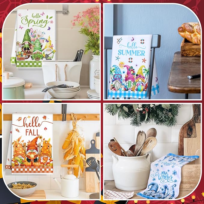 12 Pcs Seasonal Kitchen Towels Set for All Holidays Hand Dish Tea Towels Fall Halloween Christmas Cute Drying Dishcloths Decorative Absorbent Wash Cloths(Gnome Style,Bright Color)