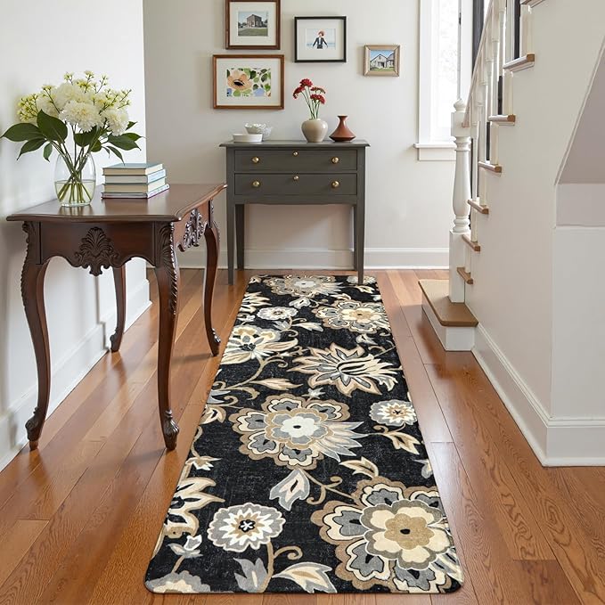 Lahome Floral Washable Runner Rug - 2x6 Runners for Hallways Non-Slip Low-Pile Kitchen Rug, Black Paisley Print Carpet for Laundry Bedroom Entryway （(2’X 6’, Blacak)