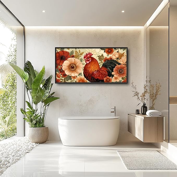 Lovira Farmhouse Rooster Large Wall Art Rustic Country Farm Chicken Floral Canvas Wall Decor Pictures Prints Painting Framed Artwork for Living Room Bedroom Bathroom Kitchen 30"x60"