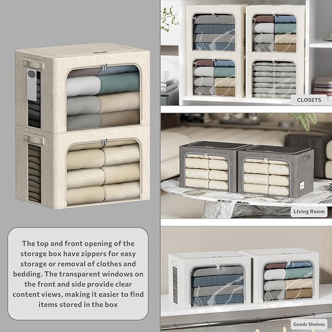 4 Pack Clothes Storage Bins with Metal Frame - 22L Stackable Storage Box with Lid，Foldable Storage Container Organizer for Clothes，Linen Fabric Storage Box with Clear Window＆Zippers＆Handles