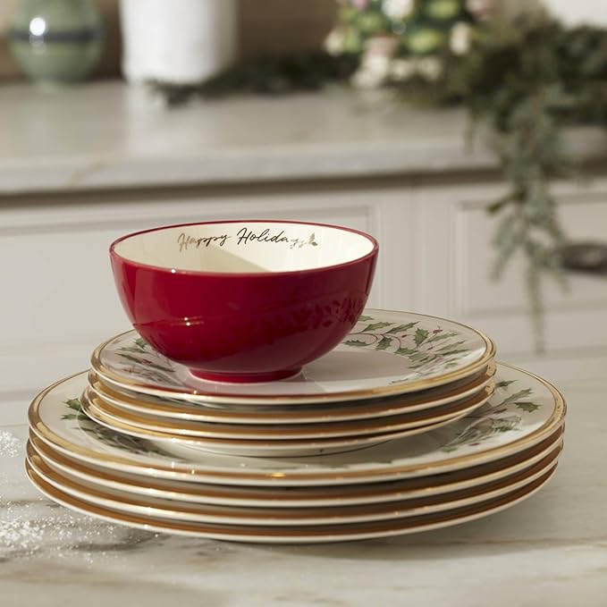 Lenox Holiday 6-Piece Salad Plates Dinnerware Set, Service For 6, Porcelain, Dishwasher Safe, Round Plates Set, Ivory Red & Green, Perfect for Gatherings, Hosting, Christmas Dinnerware (Ivory 6 Piece)