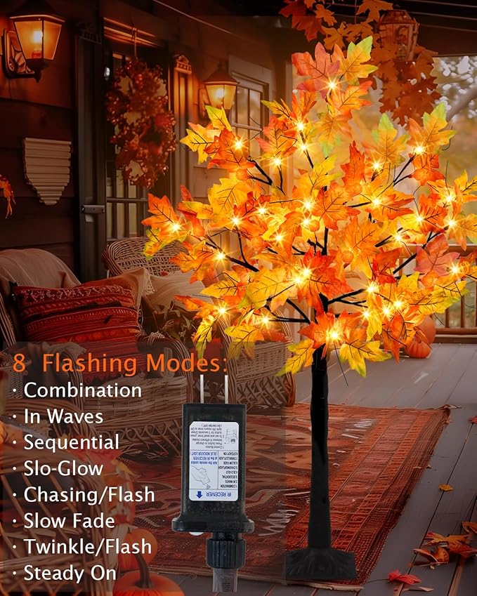 4FT Fall Lighted Maple Trees with 48 LEDs Lights 12 Pumpkins Fake Fall Light Up Tree Artificial Autumn Maple Trees for Indoor Outdoor Thanksgiving Fall Decor