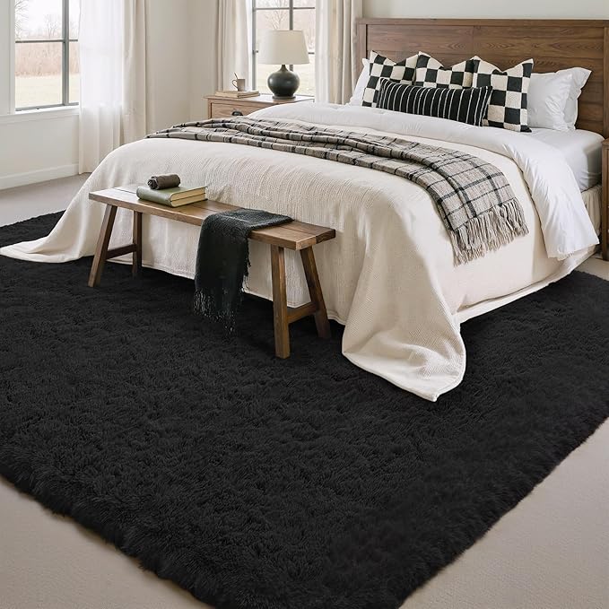 8x10 Area Rug for Living Room, Modern Black Shag Shaggy Plush Carpet Washable Non-Slip Large Rug Super Soft Indoor Fuzzy Fluffy Carpet for Bedroom Home Aesthetic Decor