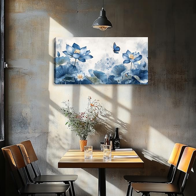 Large Zen Canvas Wall Art Blue Lotus Aesthetic Pictures Wall Decor for Yoga Meditation Room Bedroom Living Room Office Decor Poster Prints Painting Framed Artwork 40L x 20W