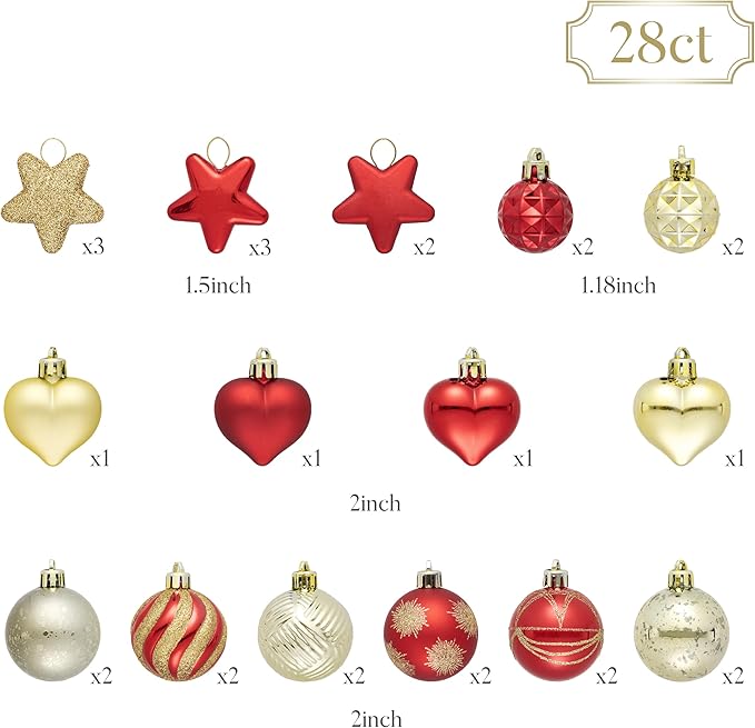 Valery Madelyn 28Pcs Christmas Heart Shaped Ornaments Gift Pack, Red and Gold Craft Painted Tree Heart Decorations, Christmas Baubles Hanging Indoor Holiday Party Xmas Decor