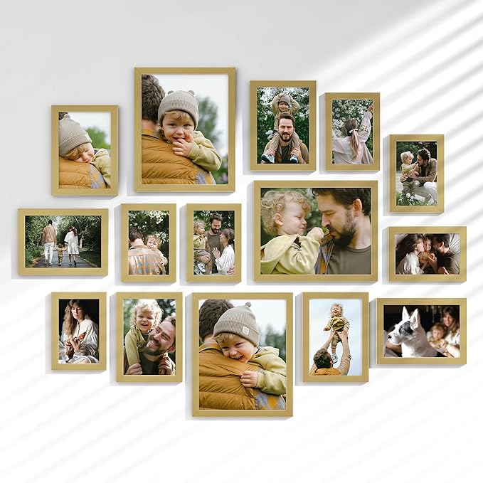 15 Pack Picture Frames Collage Wall Decor, Gallery Frame Set for Wall Mounting or Tabletop Display, Multi Sizes Including 3pcs 8x10, 6pcs 5x7, 6pcs 4x6, Gold