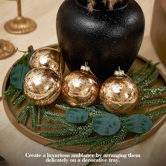 Gold Mercury Glass Ball Christmas Ornaments Set of 12-3.15”Luxurious Xmas Tree Hanging Bulb Decorations for New Year Thanksgiving Birthdays Party, Glass Ornaments for Elegant Xmas Halloween Decor