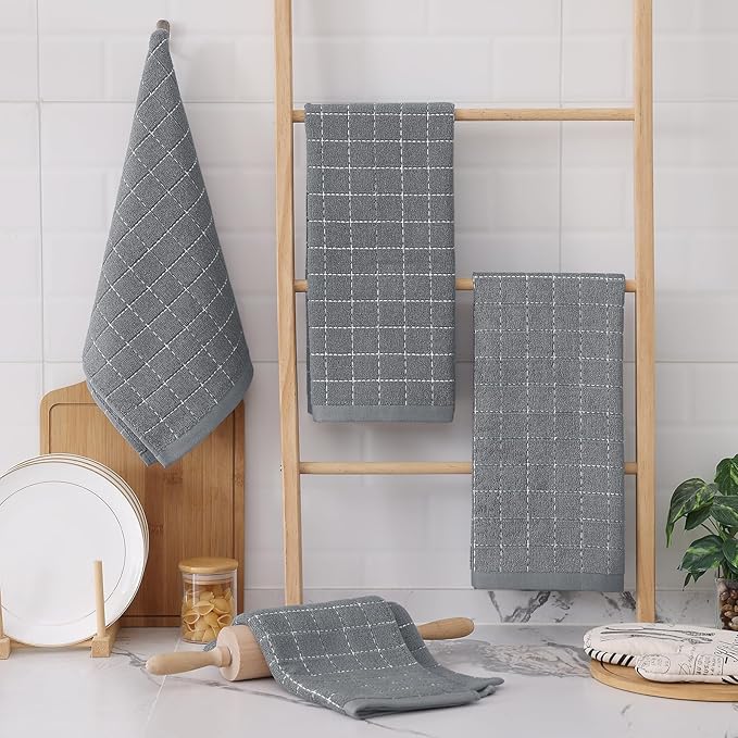 Homaxy 100% Cotton Terry Kitchen Towels(Grey, 13 x 28 inches), Checkered Designed, Soft and Super Absorbent Dish Towels, 4 Pack
