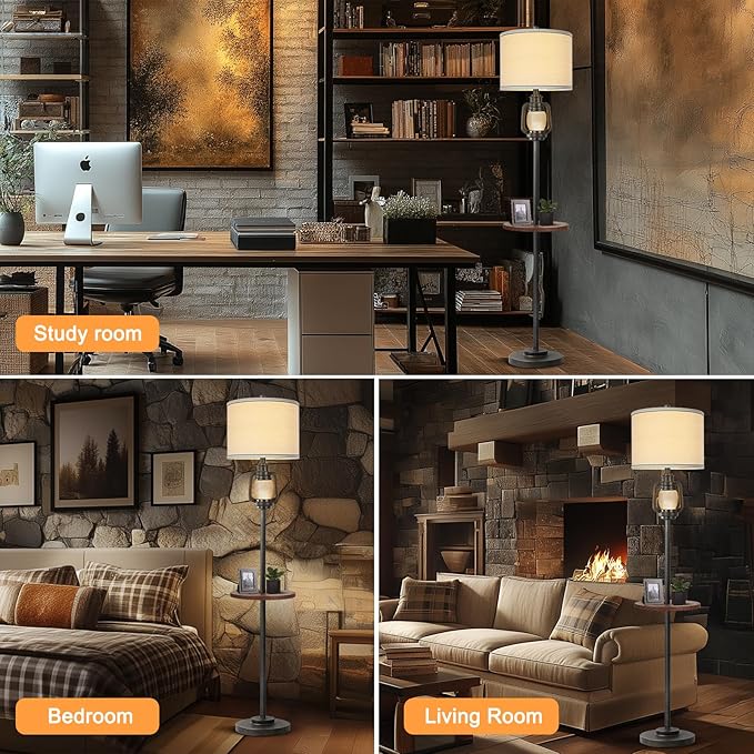 Farmhouse Lantern Floor Lamp with Tray For Living Room with Nightlight Vintage Tall Lamp With Linen Fabric Shade Industrial Standing Lamp For Bedroom Office Home House Study(Bulb Included)