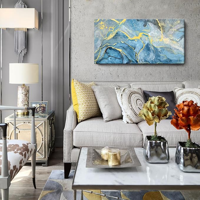 Canvas Wall Art Abstract Seascape Painting Blue Ocean Beach Theme Print Black and Yellow Fluid Texture Coastal Picture Sea Wave Natural Landscape Modern Artwork for Home Bedroom 20x40inch