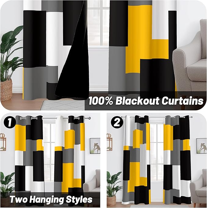 Yellow 100% Blackout Curtains for Bedroom 63 inch Length 2 Panels Set White Grey Modern Abstract Geometric Black Out Curtains Insulated Room Darkening Window Drapes for Living Room, 42Wx63L