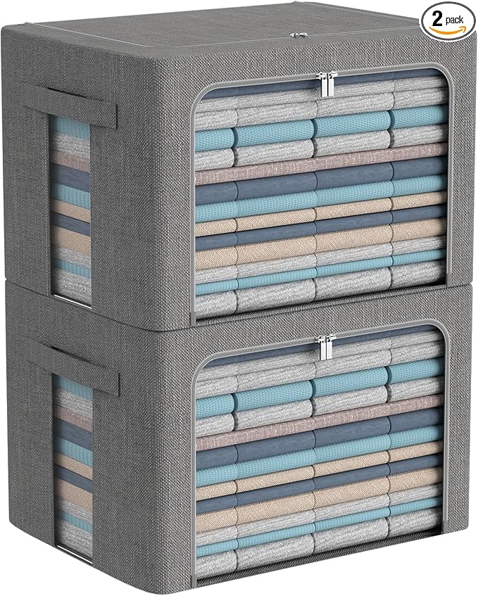 Clothes Storage Bins Box - Linen Fabric Foldable Stackable Container Organizer Set with Clear Window & Carry Handles & Metal Frame - 2Pack Large Capacity for Bedding, Blankets, Books
