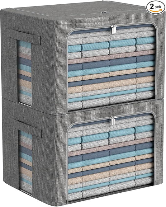 Clothes Storage Bins Box - Linen Fabric Foldable Stackable Container Organizer Set with Clear Window & Carry Handles & Metal Frame - 2Pack Large Capacity for Bedding, Blankets, Books