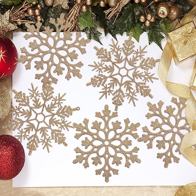 6pcs Large Champagne Gold Snowflakes Ornaments 12” Big Plastic Glitter Snowflake for Winter Indoor Outdoor Christmas Tree Window Room Decorations Giant Craft Snowflakes