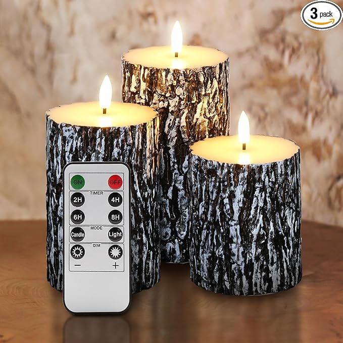 Eywamage Black Pine Bark Flameless LED Candles with Remote, Farmhouse Flickering Wood Pillar Candles Set of 3