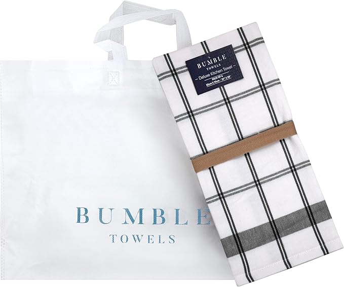 Premium Kitchen Towels (20”x 28”, 6 Pack) | Large Cotton Hand Towels | Flat & Terry Dish Towels | Highly Absorbent Tea Towels Set with Hanging Loop | Black Check